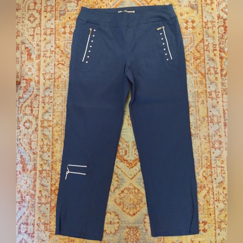 Jamie Sadock navy blue pull-on golf pants with silver zip pockets